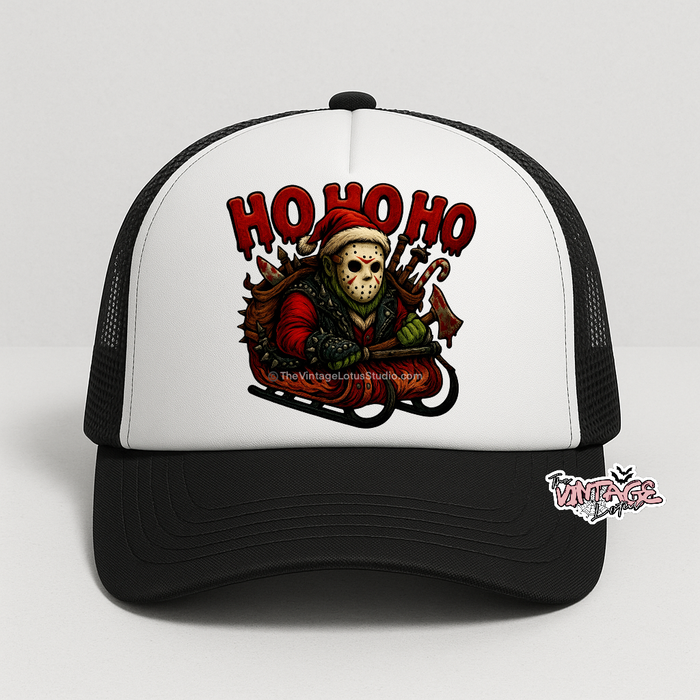 “Ho Ho Ho” Grinch Jason Voorhees Christmas Foam Trucker Hat ©️