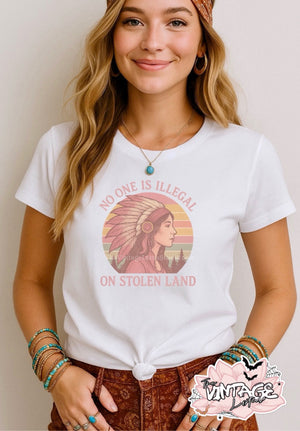 “No one is illegal on stolen land,” Unisex Soft Thin Basic Tee