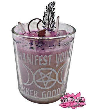 “manifest your inner goddess” Crystal & Natural Stone Candle w/ Wood Wick in Love Spell