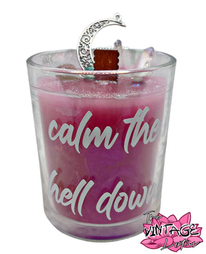“calm the hell down” Crystal & Natural Stone Candle w/ Wood Wick in Love Spell