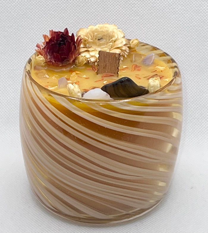 Natural Stone & Dried Flowers Candle w/ Wood Wick in Brazilian Orange