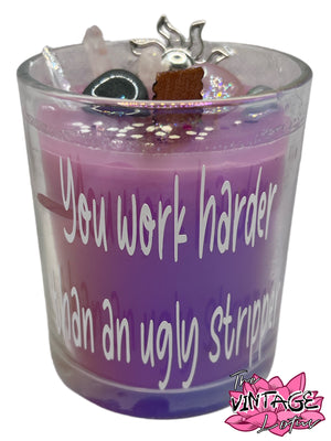 “You work harder than an ugly stripper” Crystal & Natural Stone Candle w/ Wood Wick in Love Spell