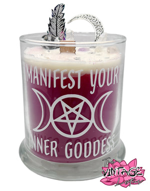 “manifest your inner goddess” Crystal & Natural Stone Candle w/ Wood Wick