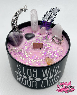 Crystal & Natural Stone Soy Candle w/ Wood Wick in Love Spell