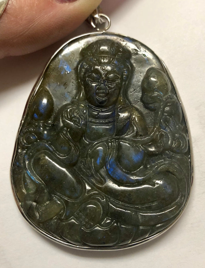 Rare Labradorite Hand Carved Buddha Pendant